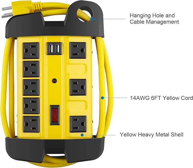 Heavy Duty Power Strip with USB, Workshop 8 Outlet Surge Protector 2700 Joules - Image 6
