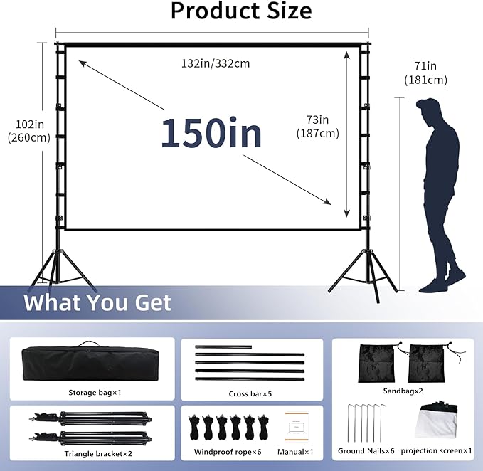 Projector Screen with Stand, Wootfairy 150 inch Portable and Foldable - Image 2