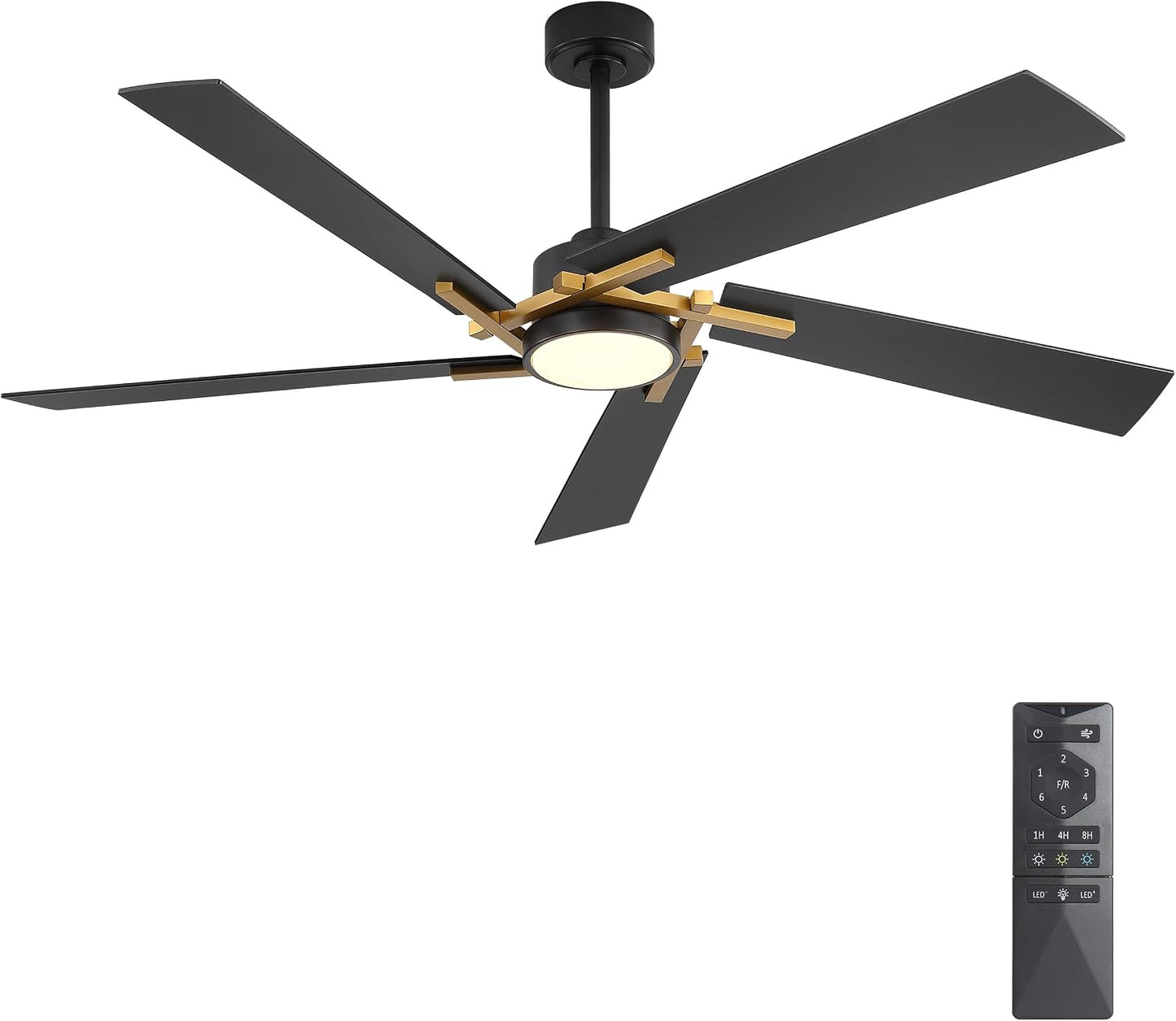 WINGBO 64 Inch Ceiling Fan with Light and Remote, 5 Plywood Blades, 6-Speed Reversible DC Motor, Dimmable, 3CCT, Modern Ceiling Fan for Bedroom Living Room Kitchen, Gold and Black