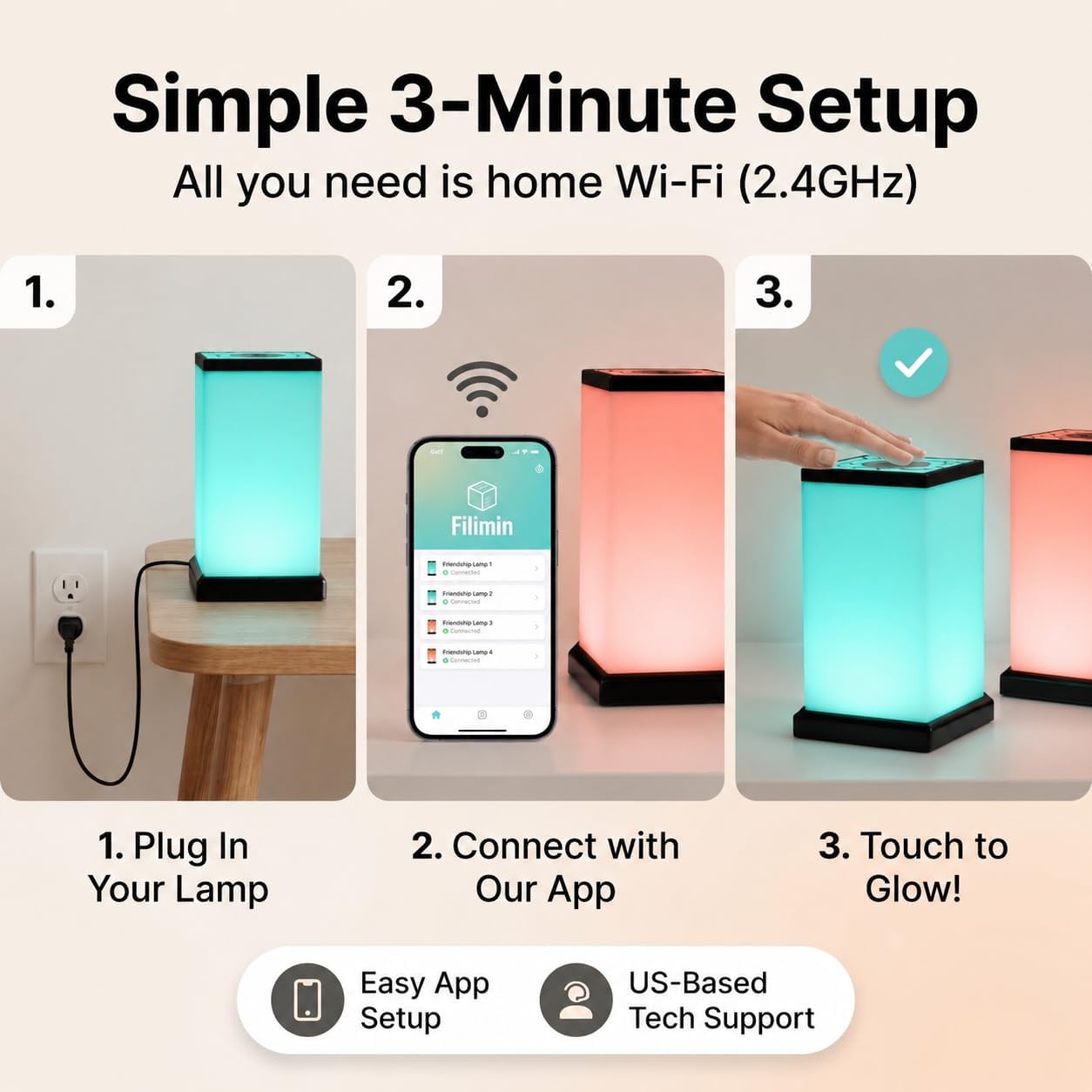 Friendship Lamp® by Filimin Modern - Best Friend Lamps Wi-Fi Touch Lamp LED Light for Long-Distance, Connection, Relationship, Friendship, Gifts, Love, 200+ Colors, App Setup - Set of 2