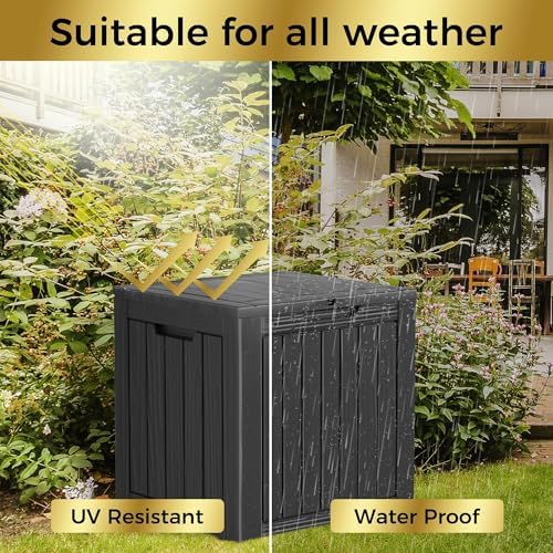 outdoor storage box, 35 gallon waterproof deck box showing dimensions