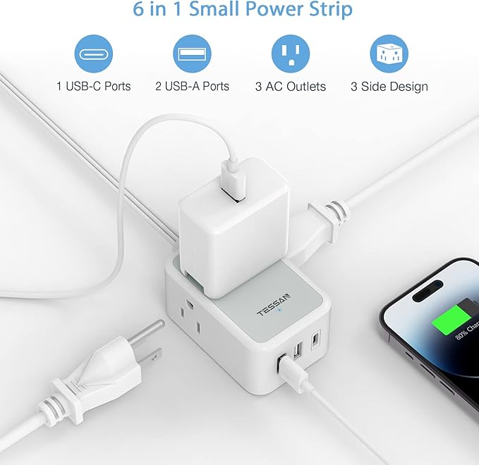 TESSAN Small Flat Plug Power Strip, Ultra Thin Extension Cord - Image 3