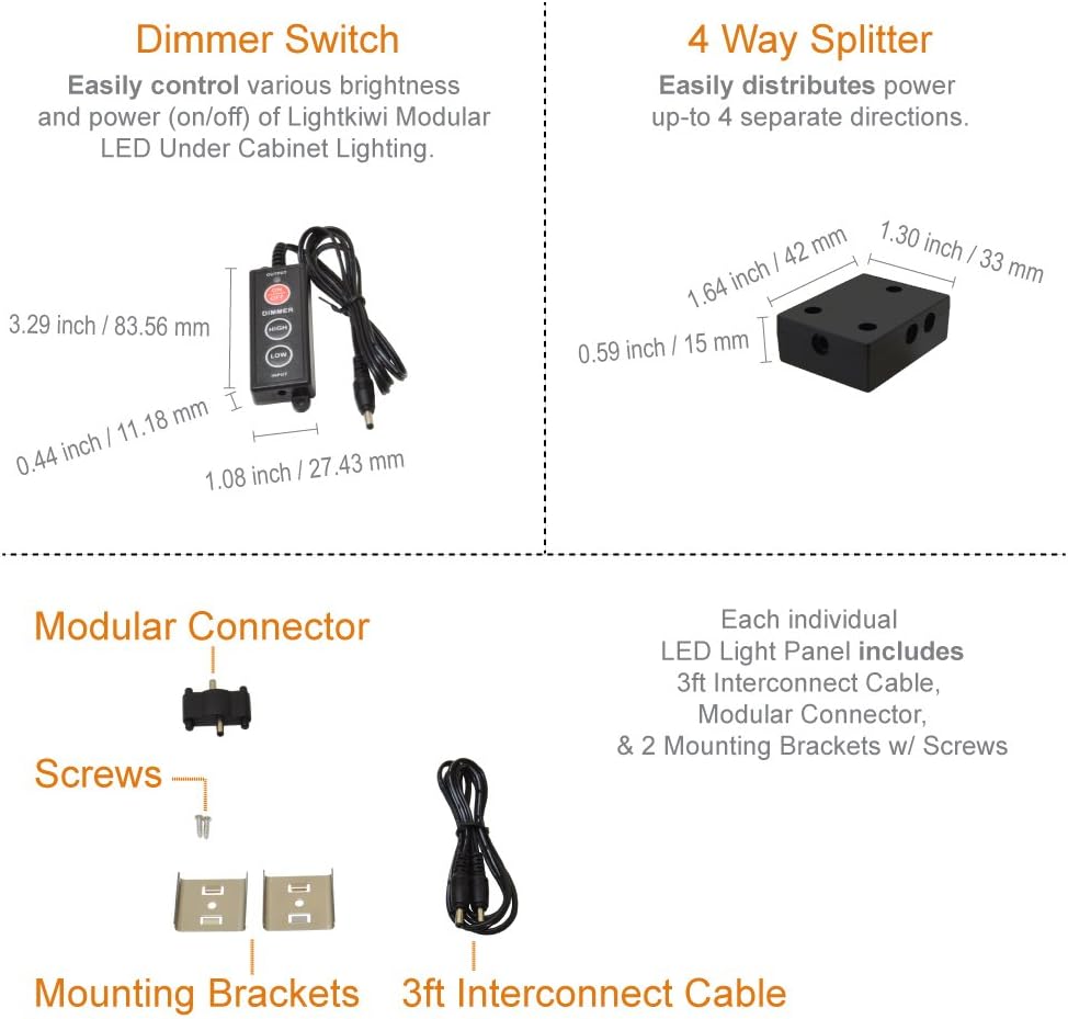 Lightkiwi N5886 12 inch Warm White Dimmable LED Under Cabinet Lighting 12 Panel Pro Kit, 3360 Lumen, 3000 Kelvin, 24VDC, Dimmer Switch & All Accessories Included, Continuous Dimming, Aluminum Body