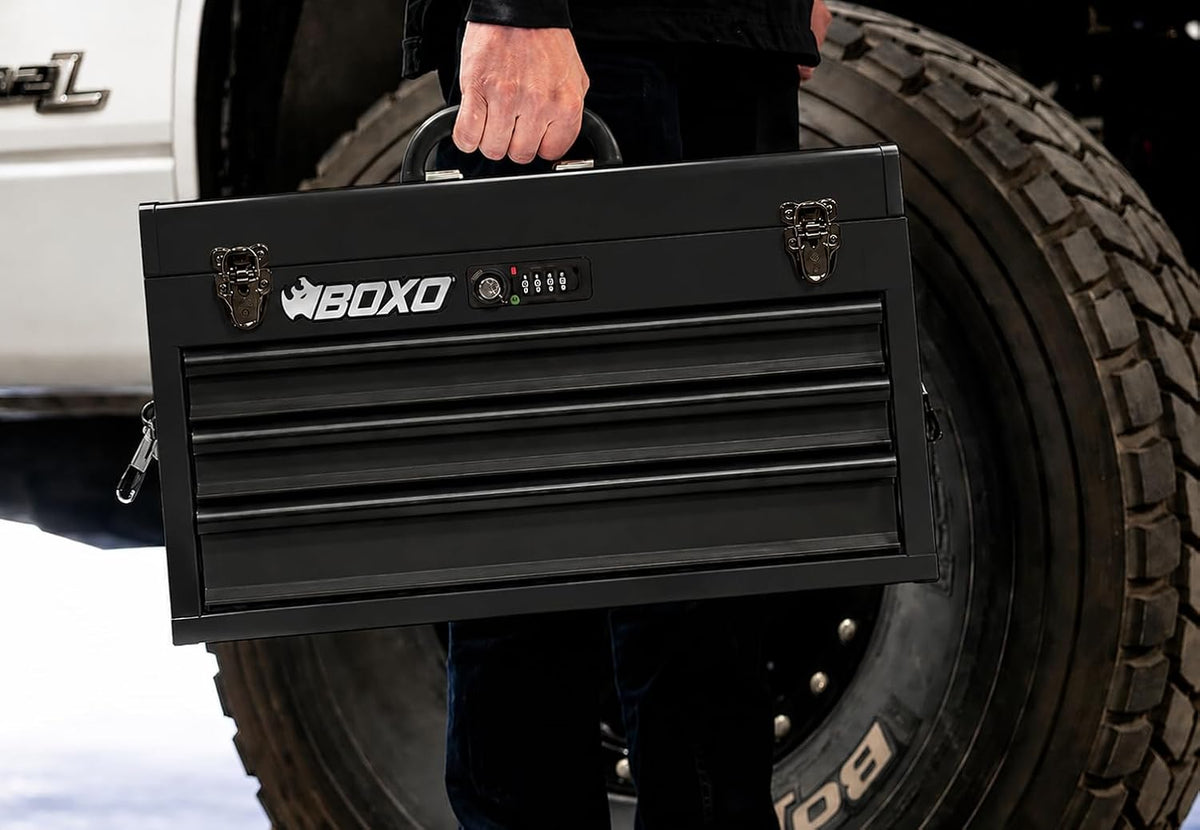 boxo usa 3-drawer hand carry toolbox – heavy, side view