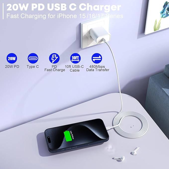 Fast Charger for iPhone 17/16/15 Charger, 10FT Extra Long Fast Charging 3Pack - Image 2