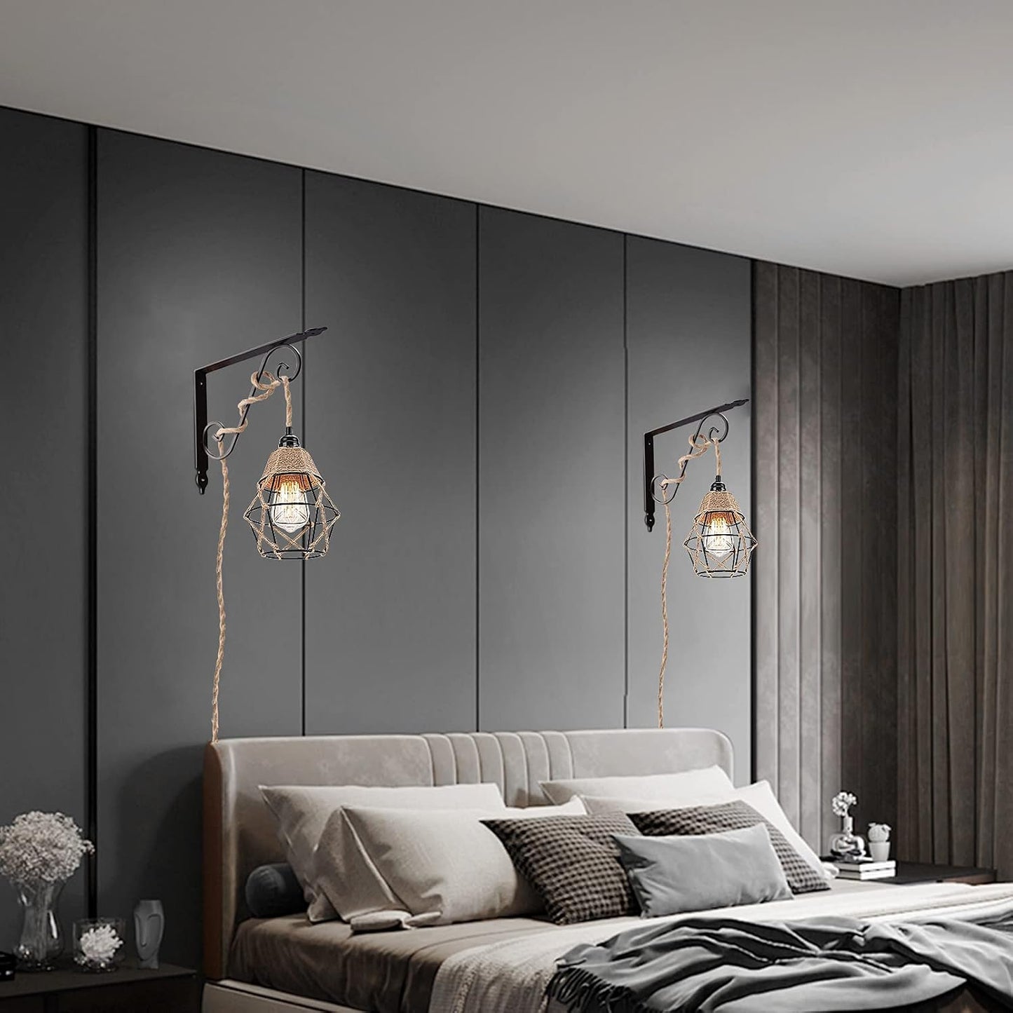 FRIDEKO HOME Farmhouse 15ft Pendant Lights - Hanging Lights with Plug in Cord Hemp Rope Pendant Lights Rustic Hanging Lamps that Plug into Wall Outlet for Kitchen Island Bedroom DIY Decor - 2 Pack