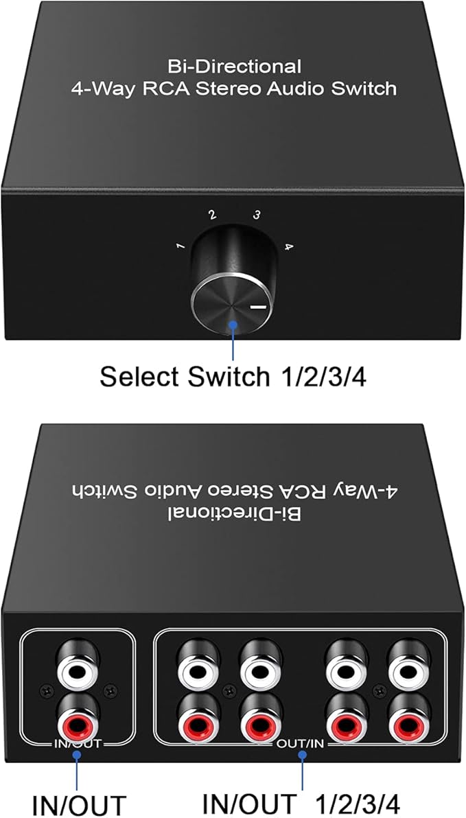 4-Way Stereo L/R Sound Channel Bi-Directional Audio Switcher, 1 in 4 Out or 4 - Image 2