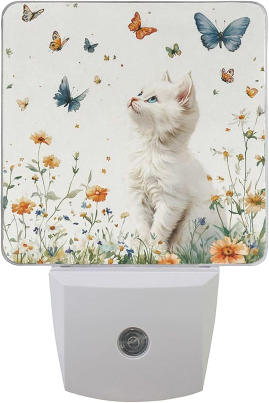Pigsaly Led Night Light Butterfly Watercolor White Cat Night Light Plug in Wall by Pigsaly