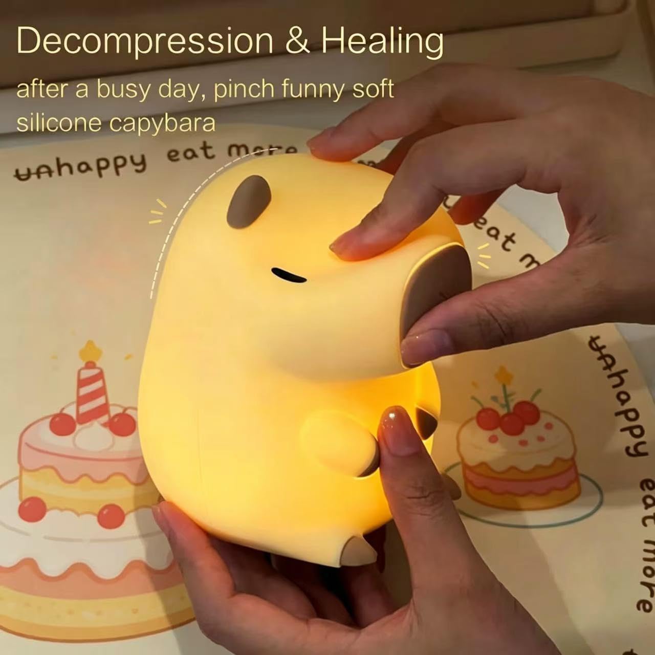 YR YRHH-PET Capybara Birthday Gifts Night Light, Squishy Cute Lamp, Fun Toy | Happy Birthday Hat Decorations, Rechargeable Dimmable Silicone Bedside Lamp, Kids Animal LED Touch Nightlight Capibara Stuff