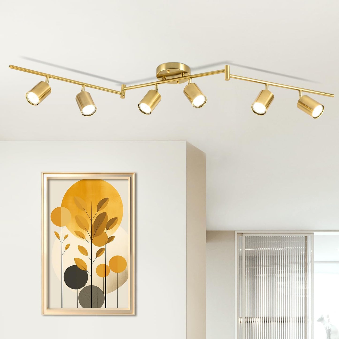 6 Ways Gold Track Lighting Fixtures Ceiling Gu10 Bulbs Not Included | Modern LED Track Light Brushed Gold, Rotatable Heads Foldable Arms, Metal Ceiling Spotlight for Kitchen, Living Room, Hallway