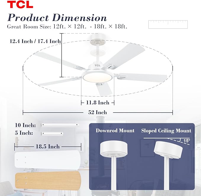 TCL Ceiling Fans with Lights, 52 Inch Ceiling Fan with Light and Remote Control - Image 4