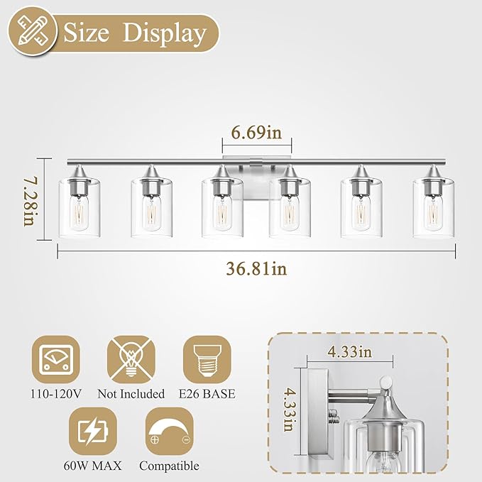 XPEHK 6-Light Bathroom Lighting Fixtures Over Mirror, Brushed Nickel Light - Image 4
