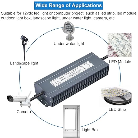 LLTOP LED Driver 300 Watts Waterproof IP67 Power Supply 90-130V AC to 12V DC - Image 6