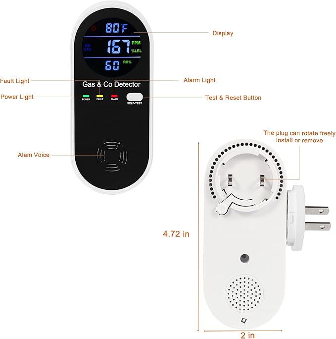 2 Packs Combination Natural Gas & Carbon Monoxide Detector, Koabbit 4-in-1 - Image 2