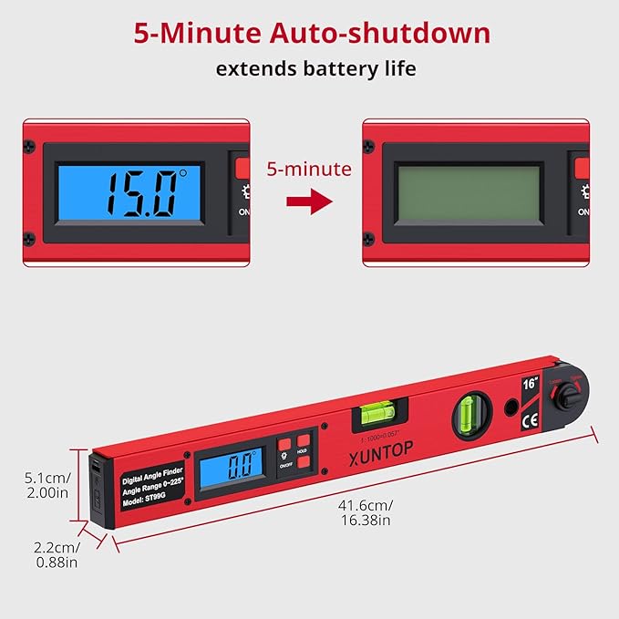 XUNTOP 0-225°/0.5° Digital Angle Finder 16” Aluminum Angle Measuring Tool - Image 5