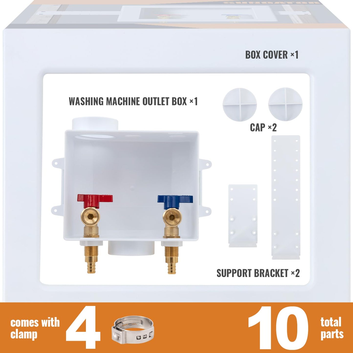 Pex Washing Machine Outlet Box with Center Drain, Laundry Washer Valve Box, 1/2 Inch Pex Crimp Inlet x 3/4 Inch MHT Outlet，with 4 Crimp Rings