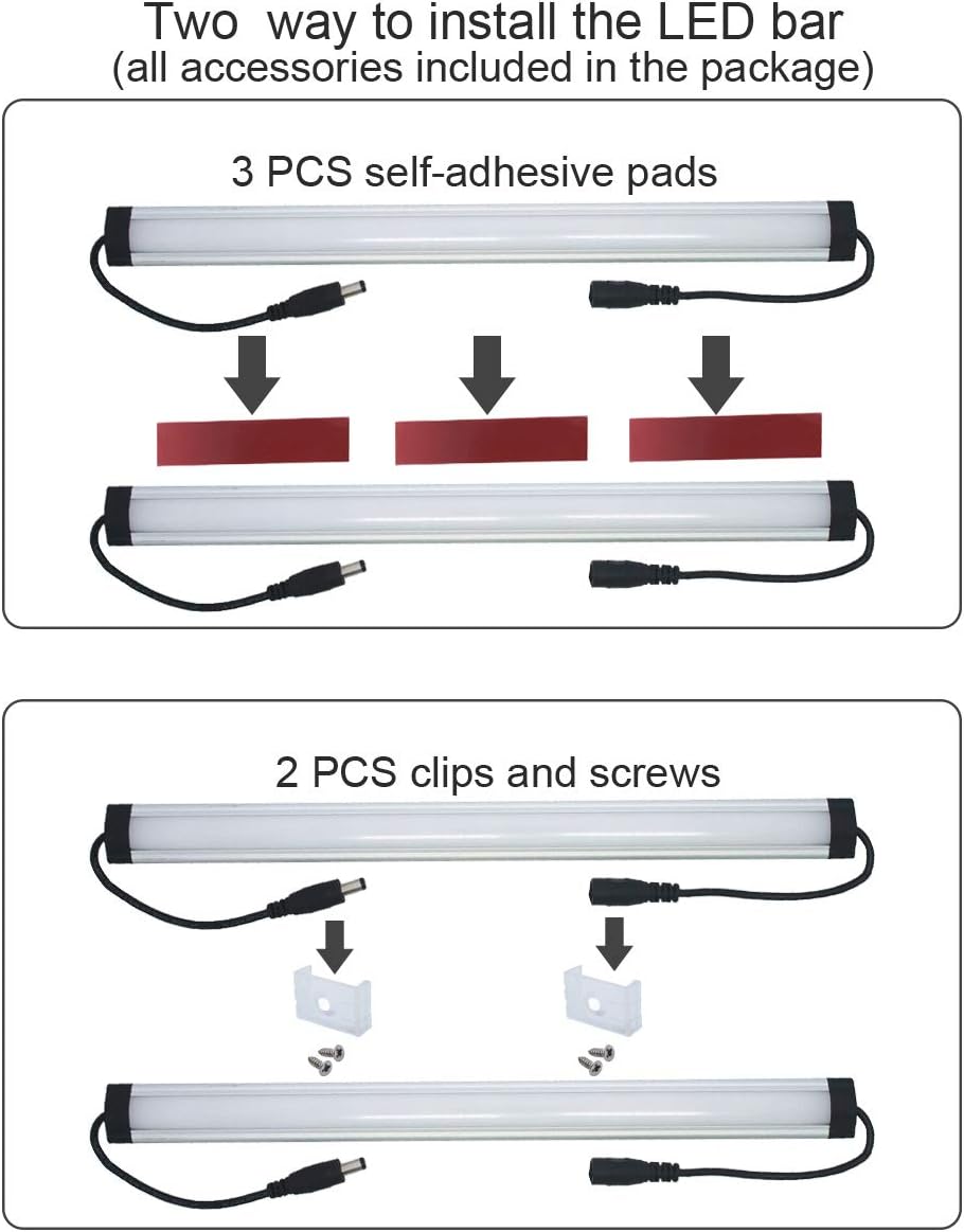 Extra Under Cabinet Lighting Bars,12VDC, 5000K Daylight White, with Mounting Clips, Screws, Self-Adhesive Pads. Compatible LL-008 Series ONLY-[2-Pack-5000K]