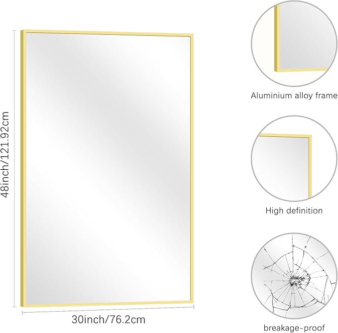 Gold Bathroom Mirror for Wall, 30x48 Inch Rectangle Mirrors - Image 3