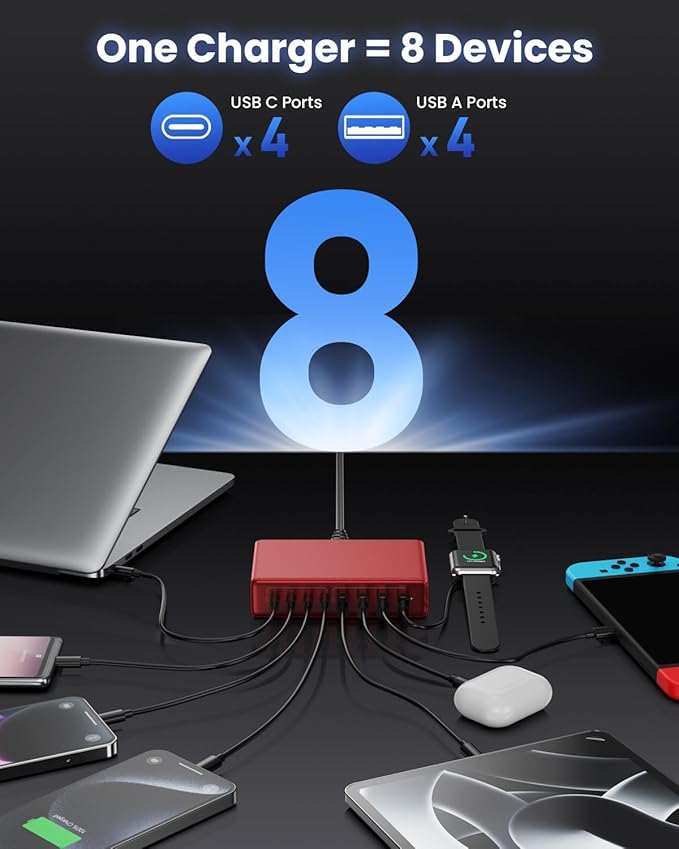 200W USB C Charger Block, 8-Ports GaN III Fast Charging Station Hub, QC4.0+PD - Image 4