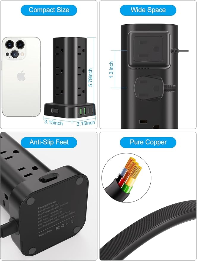 Power Strip Tower with Multiple Outlets, Flat Plug Surge Protector Tower - Image 6