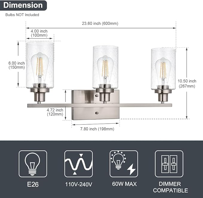 WINSHEN Bathroom Light Fixtures 3-Lights Seeded Glass in Brushed Nickel Finish - Image 4
