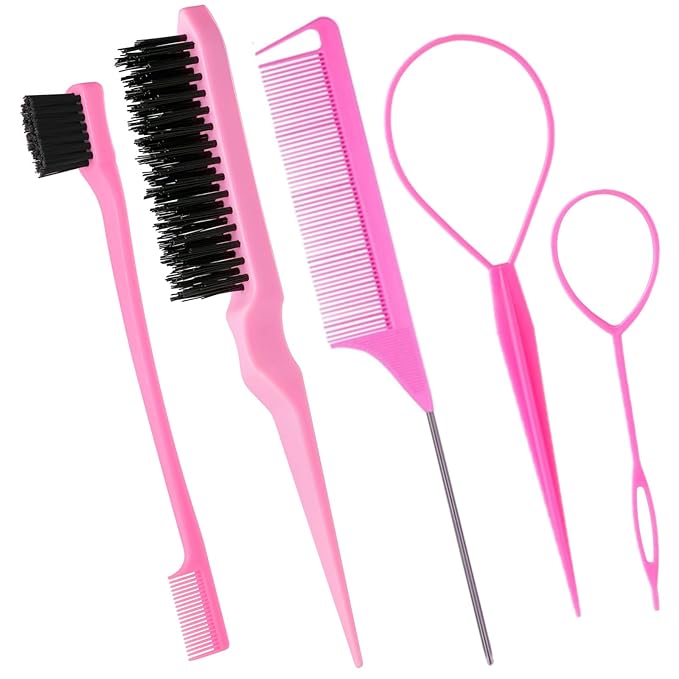 5Pcs Slick Back Brush Set with Topsy Tail Tool, Teasing Bristle, Rat Comb by Chayumda