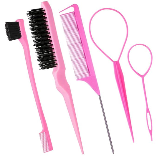 5Pcs Slick Back Brush Set with Topsy Tail Tool, Teasing Bristle, Rat Comb by Chayumda