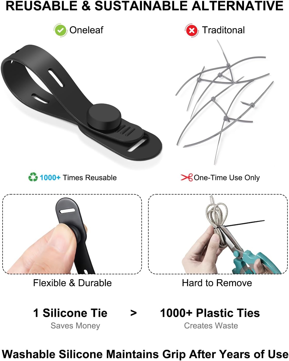 OneLeaf Reusable Silicone Cable Ties, Soft Cord Bundlers for USB Chargers, Kitchen Appliance, Adjustable Wire Management Straps with Secure Buckle, Travel Tech & Cruise Essentials Keepers, Multicolor