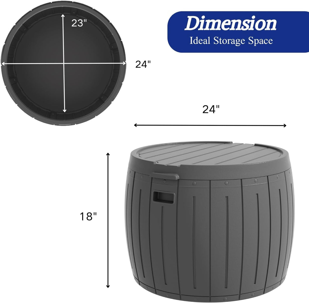 zzm 33 gallon round deck box, patio side, side view