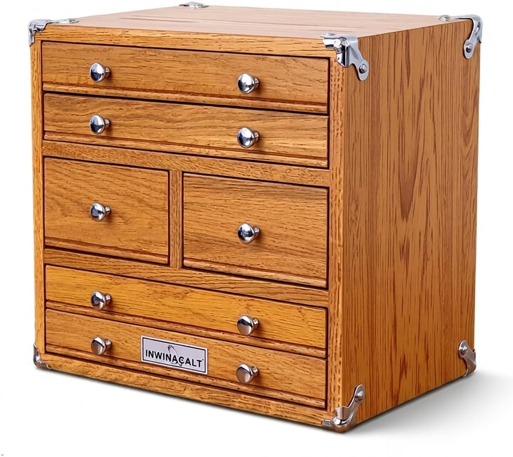 premium oak wood organizer chest, 6 drawer desktop, main product view
