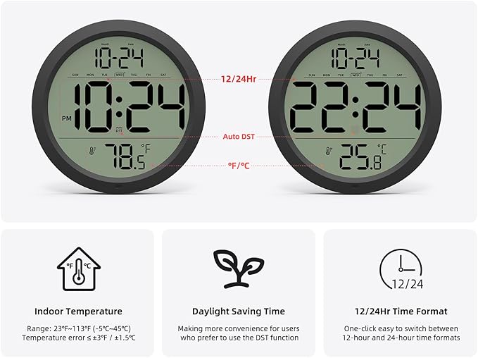 Digital Wall Clock with Date, Indoor Temperature, Battery-Operated Digital Clock - Image 5