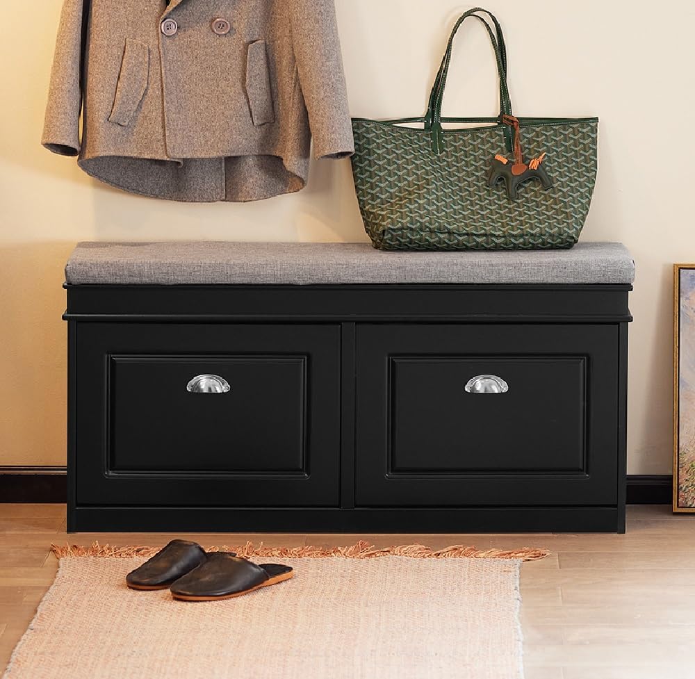 haotian black storage shoe bench with two flip, main product view