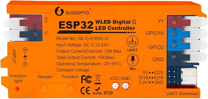 ESP32 WLED LED Strip Light Controller 15A Fuse Mic DIY Dynamic Lighting UART by GledoptoSmartHome