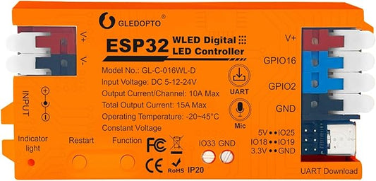 ESP32 WLED LED Strip Light Controller 15A Fuse Mic DIY Dynamic Lighting UART by GledoptoSmartHome