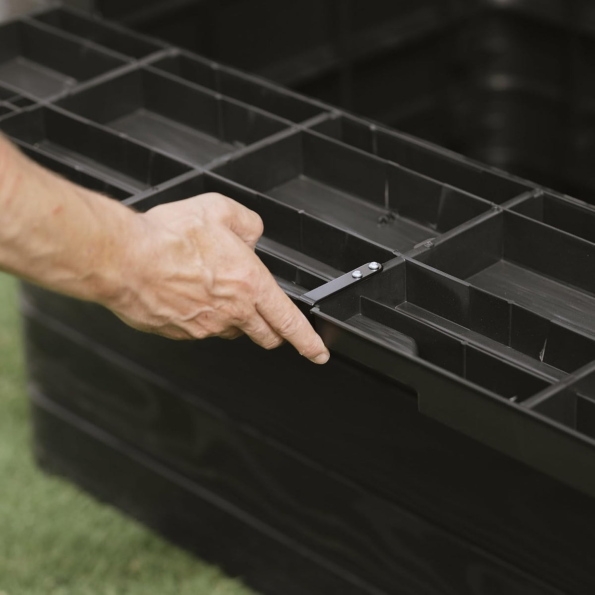 toomax dolomiti outdoor storage box, 970 litres, black, front angle view