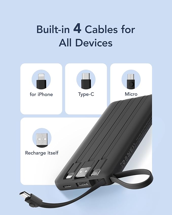 VRURC Portable Charger with Built in Cables, Slim Power Bank 10000mAh, USB C - Image 4