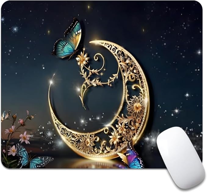 Golden Retro Fantasy Starry Moon Butterfly Square Mouse pad, Waterproof by Goodsprout