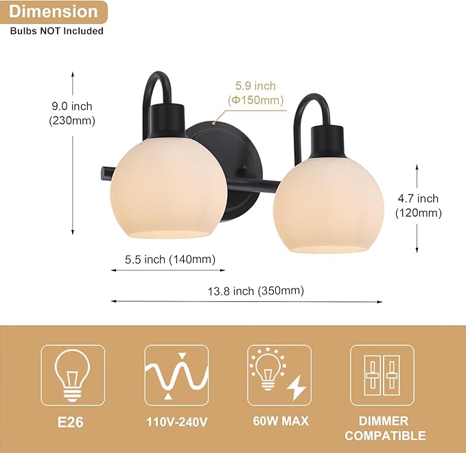 WINSHEN 2-Light Black Bathroom Light Fixture, Milk White Globe Wall Sconce Lamp - Image 3