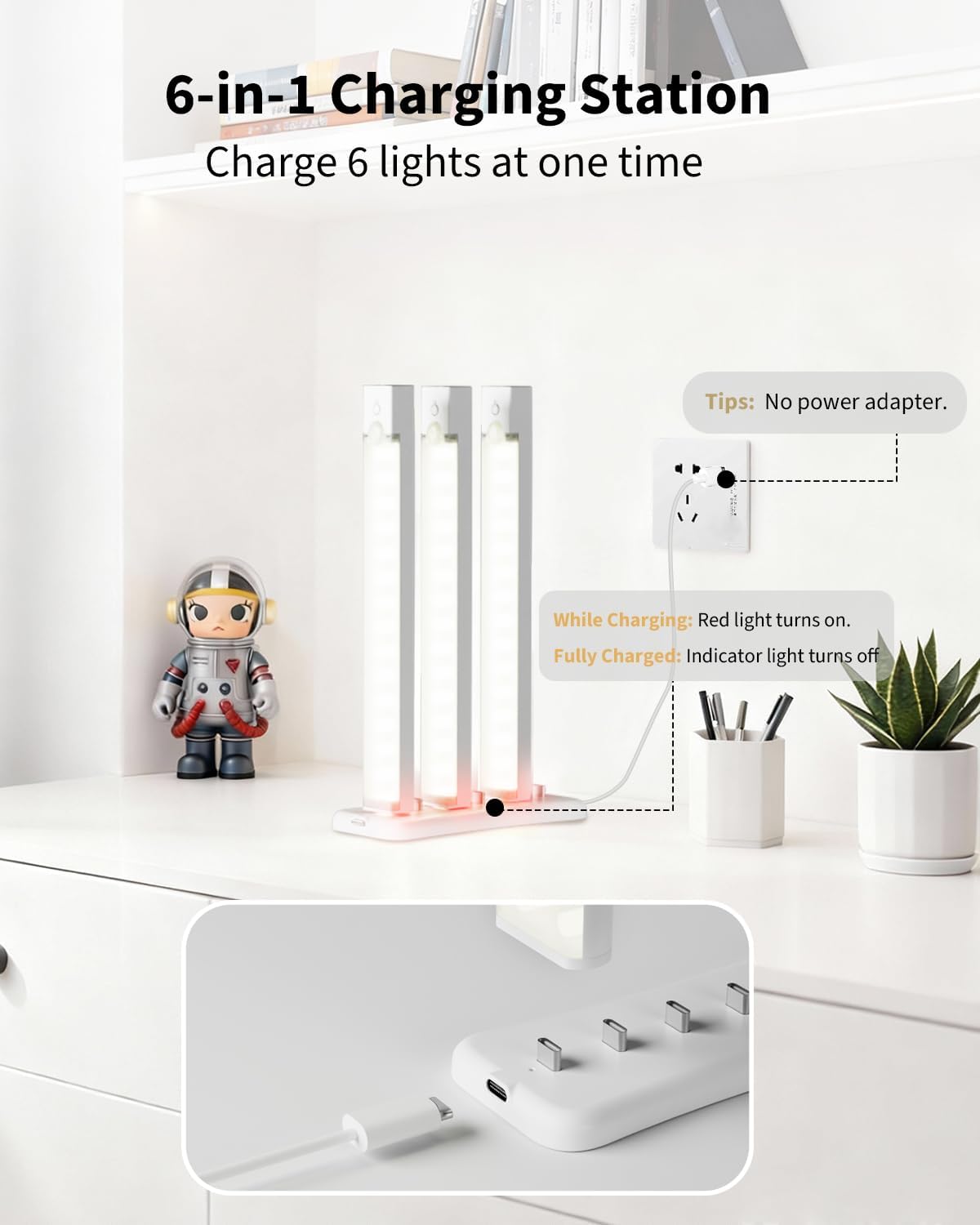 6-Pack 8-Inch Under Cabinet Lighting with Charging Station Rechargeable Motion Sensor Light Indoor 3 Color Dimmable Closet Light USB LED Magnetic Wireless Under Counter Lights for Kitchen Stair