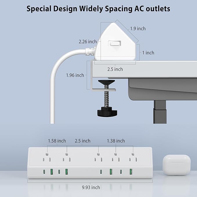 45W Fast Charging Station, Desk Clamp Power Strip, 4 PD USB-C Ports, 5 AC - Image 7