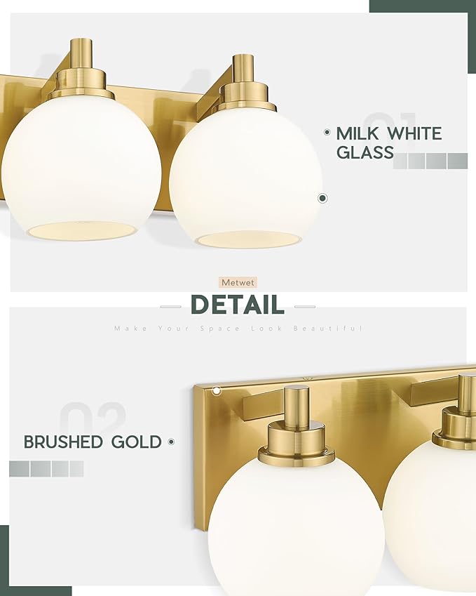 METWET Bathroom Light Fixtures, 6-Light Brushed Gold Bathroom Vanity Lights - Image 3