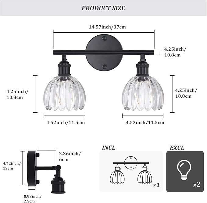 Shenmoyl Bathroom Light Fixtures, 2-Light Black Vanity Wall Light Over Mirror - Image 5
