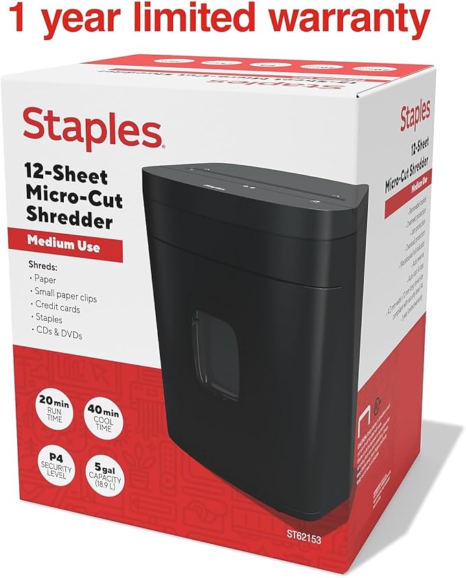 Staples 12-Sheet Micro-Cut Shredder – High-Security Document & Credit Card - Image 6