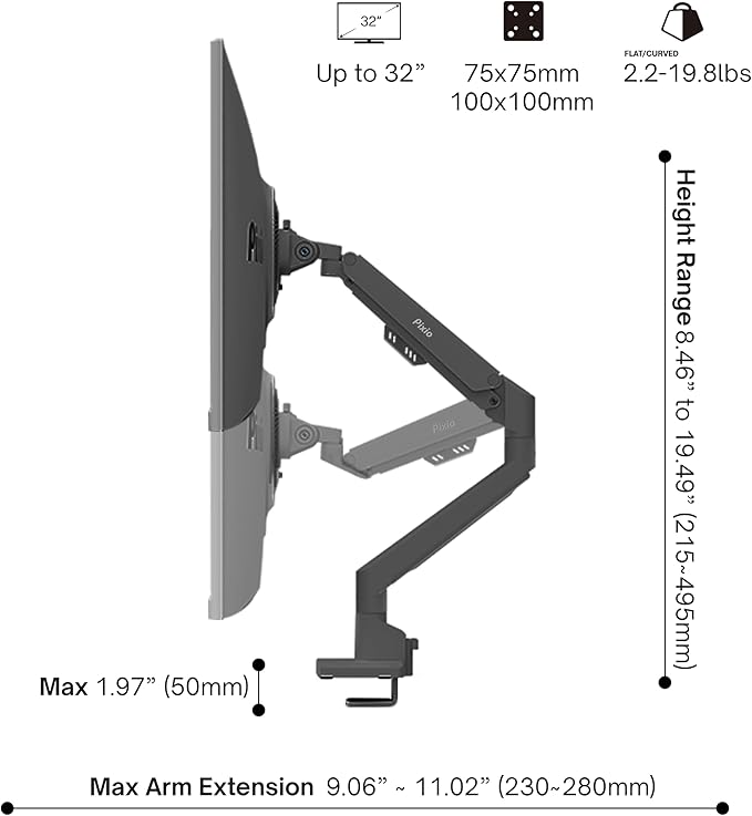 Pixio PS1S Wave Black Single Monitor Arm Stand Desk Mount - Image 4