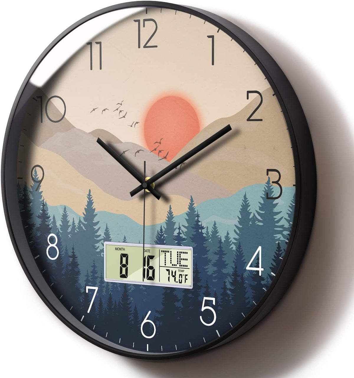 Silent Wall Clock with Day Week Temperature Wilderness with Sunset Non-ticking