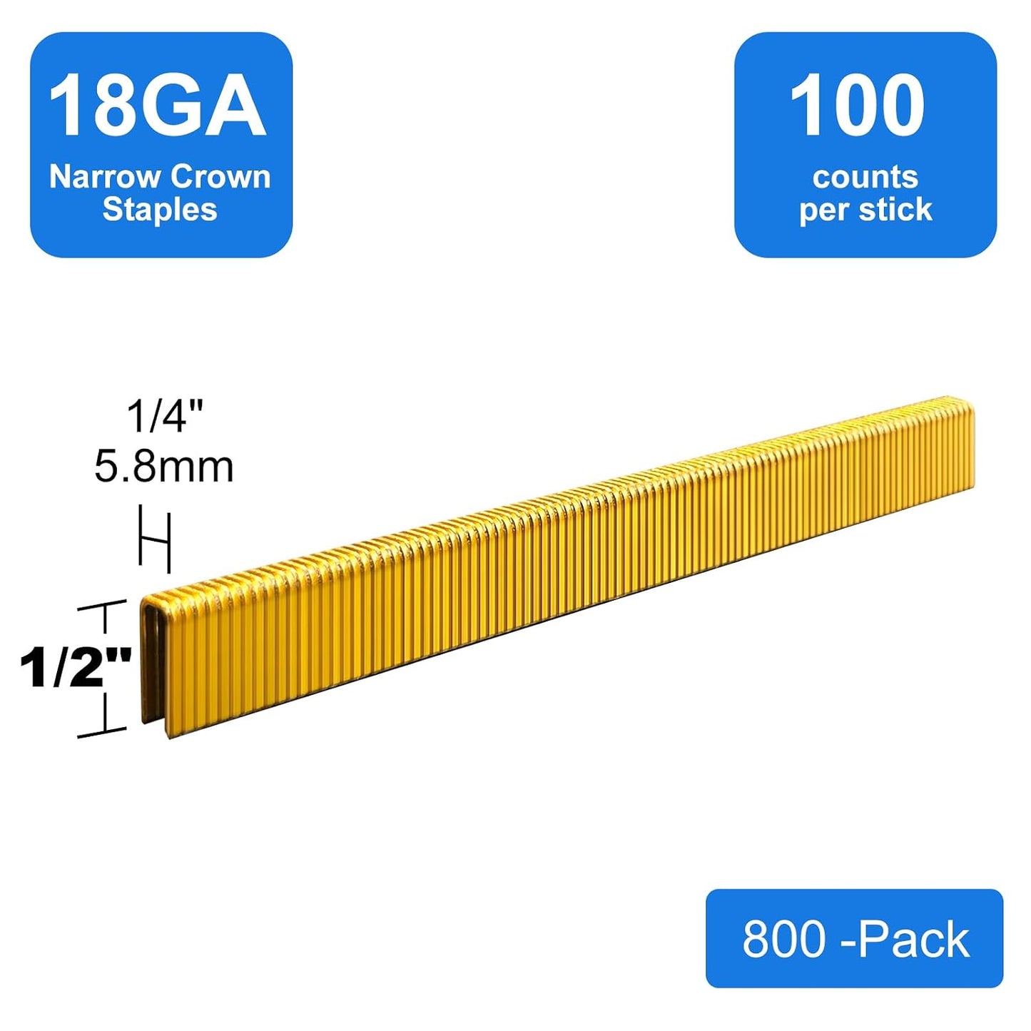 18 Gauge 1/4" Narrow Crown Staples 1/2 Inch Leg, 800 Pack | Great for 18 GA Pneumatic or Electric Stapler or Staple Gun