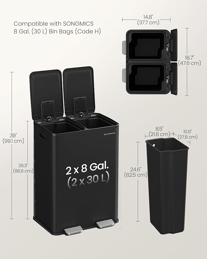 SONGMICS Trash Can, 2 x 8 Gallon Dual-Compartment Garbage Can - Image 6