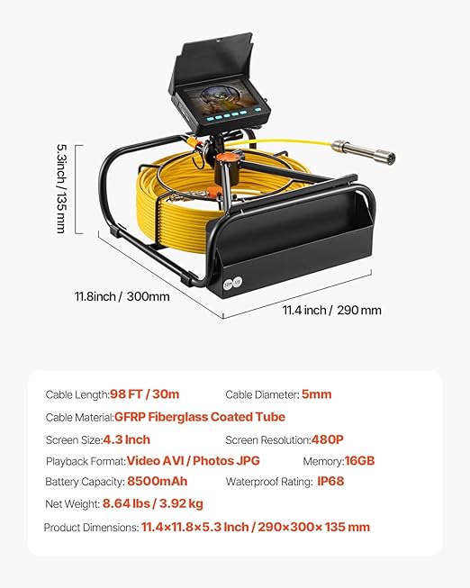 VEVOR Sewer Camera, 98.4 ft/30 m, 4.3" Pipe Drain Inspection Camera - Image 7