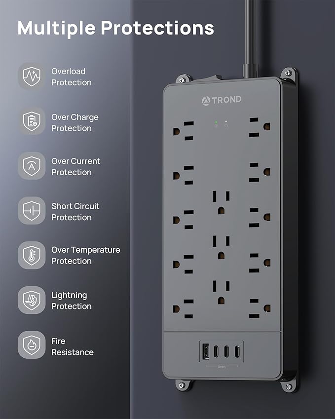 TROND 360° Rotating Flat Plug, Surge Protector Power Strip, 13AC Widely Spaced - Image 9