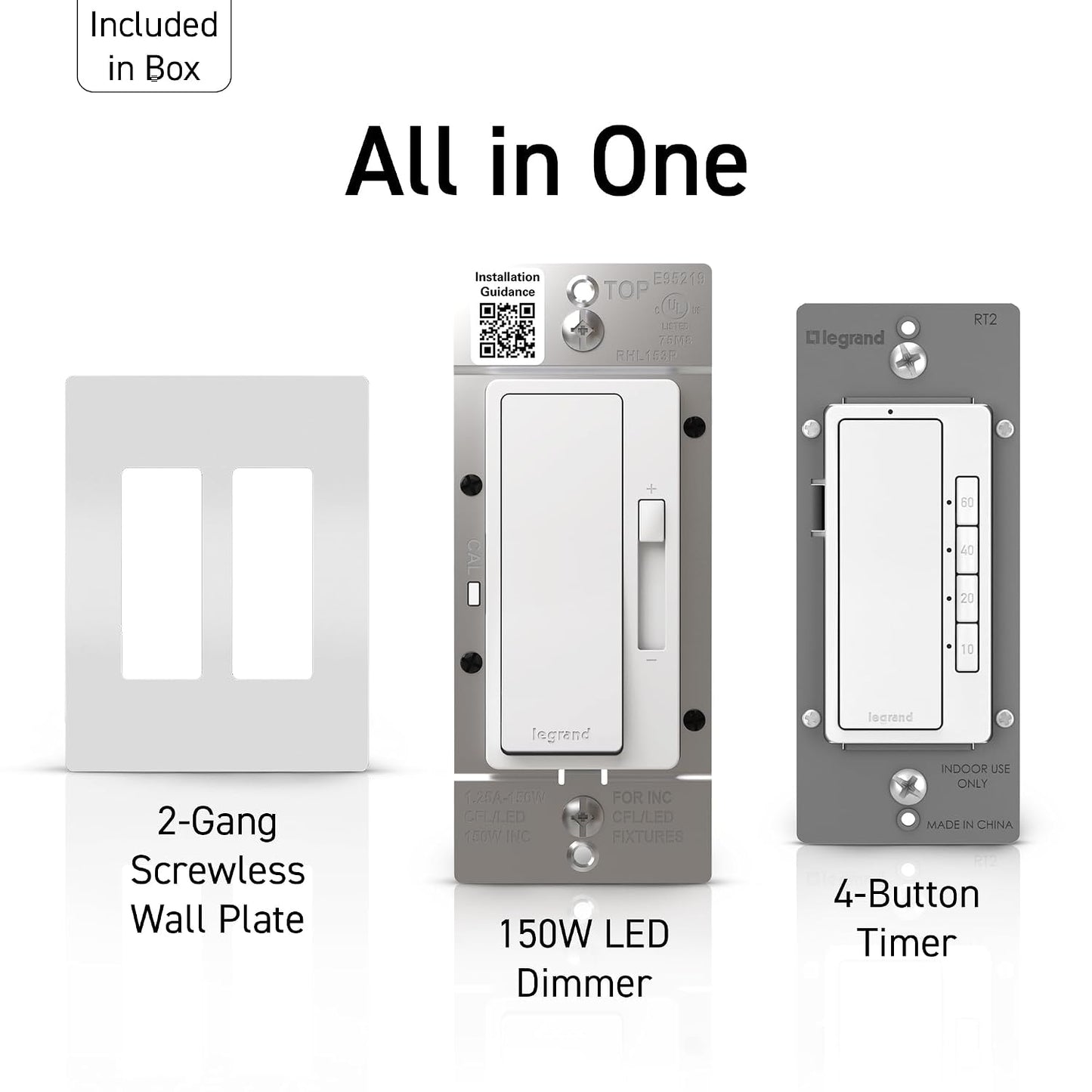 Legrand Radiant Ultimate Bathroom Bundle - Dimmer+Paddle Switch for Lights (150W), 4 Button Options Timer for Exhaust Fan, Matching 2 Gang Screwless Wall Plate, White